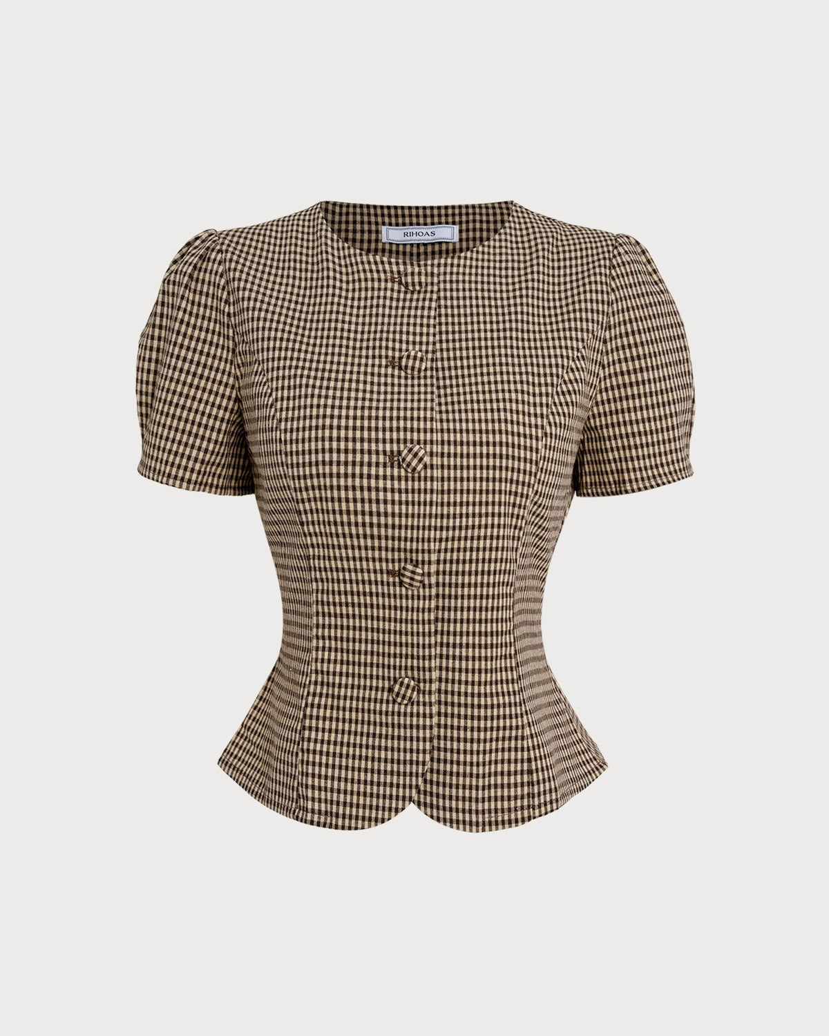 Brown Plaid Puffed Sleeve Blouse