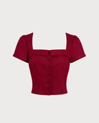 Red Square Neck X Cross Tie Blouse