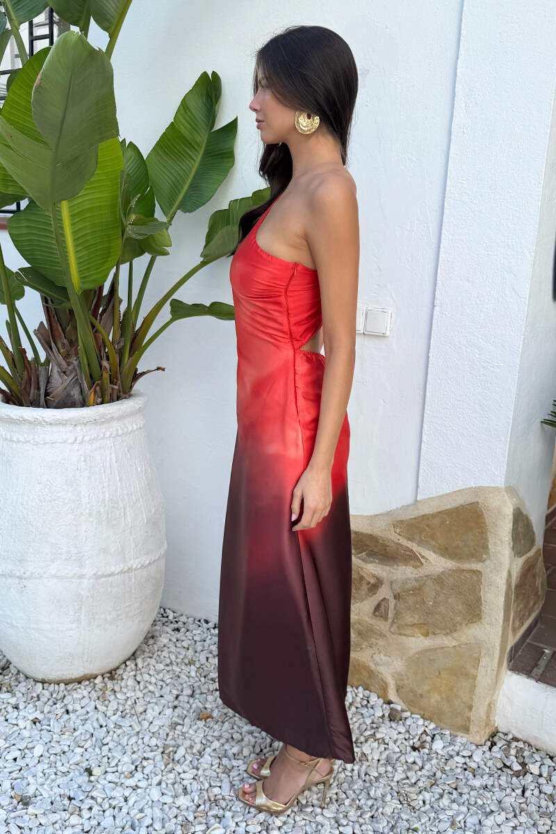 Multi Ombre One Shoulder Open Back Twist Detail Midi Dress