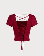 Red Square Neck X Cross Tie Blouse