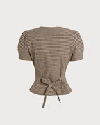 Brown Plaid Puffed Sleeve Blouse