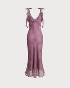 Purple Floral Ruffle Tie Strap Midi Dress