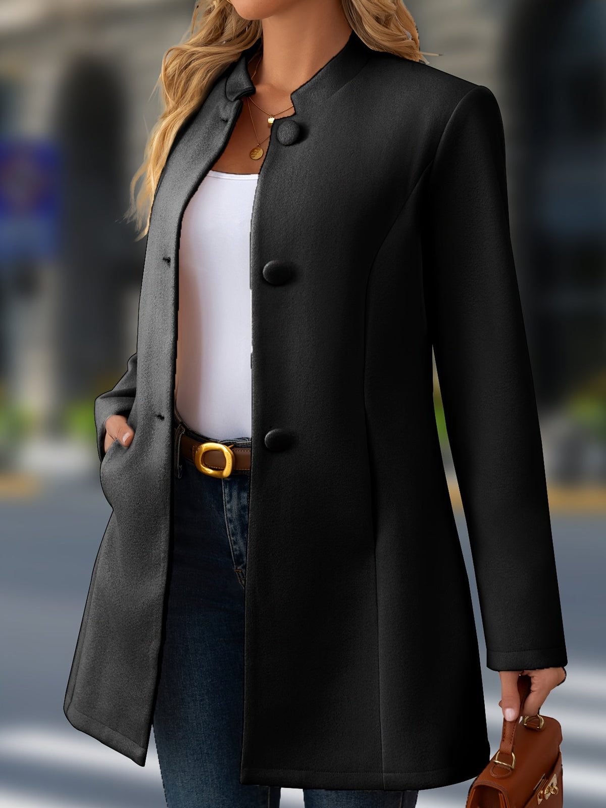 Elegant Wool Coat for Women with Stand Collar Button Front Belted Waist
