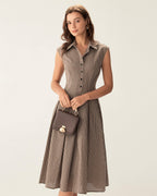 Brown Plaid Button Pleated Midi Dress