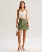 Green Satin Elastic Waist A-Line Mini Skirt