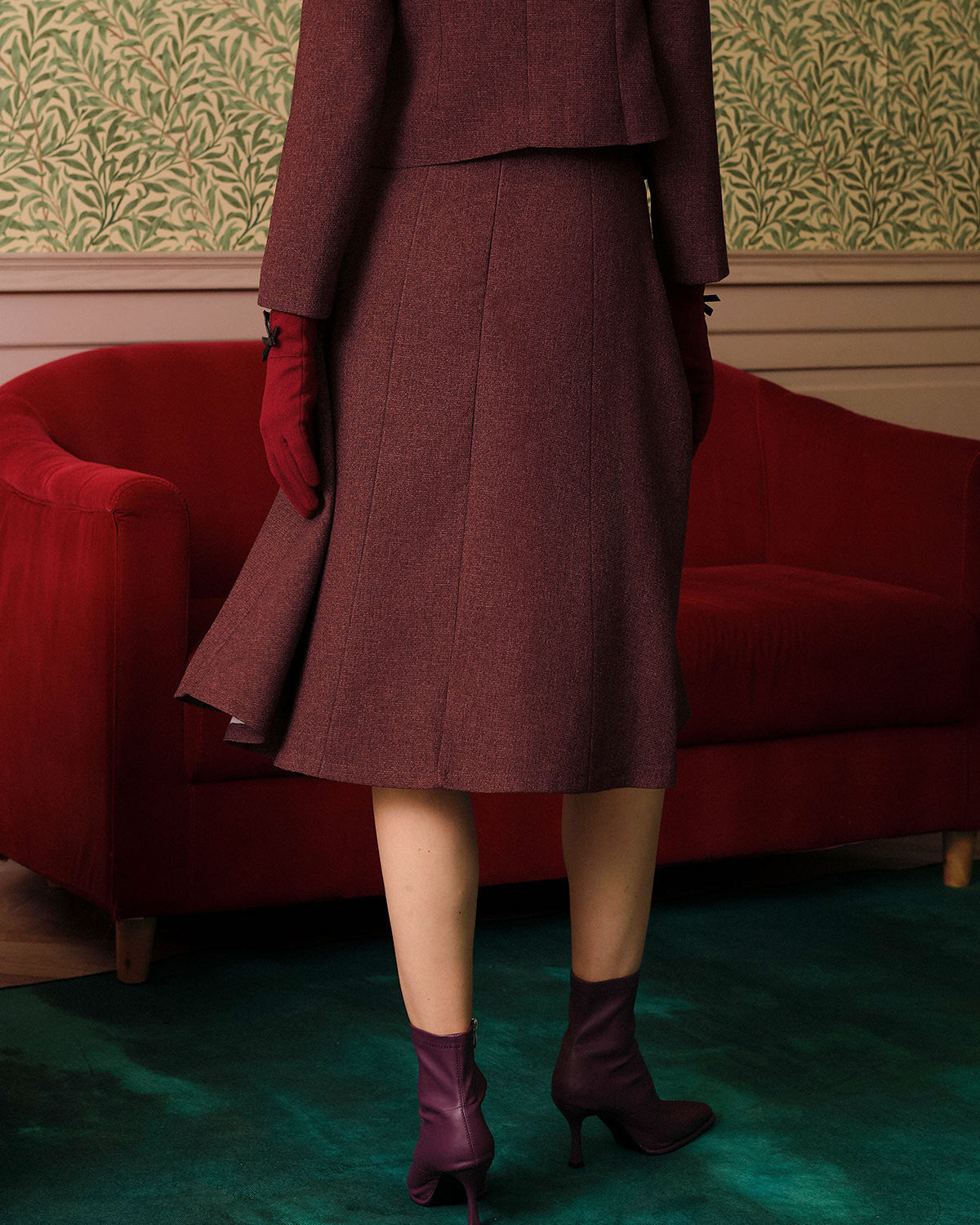 Burgundy High Waisted Tweed Skirt
