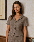 The Brown Lapel Gingham Short Sleeve Blouse