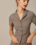 The Brown Lapel Gingham Short Sleeve Blouse