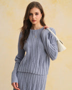 Blue Textured Round Neck Sweater