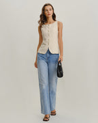 Beige Boat Neck Button Tank Top