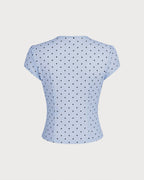 Blue Round Neck Polka Dot Button Tee