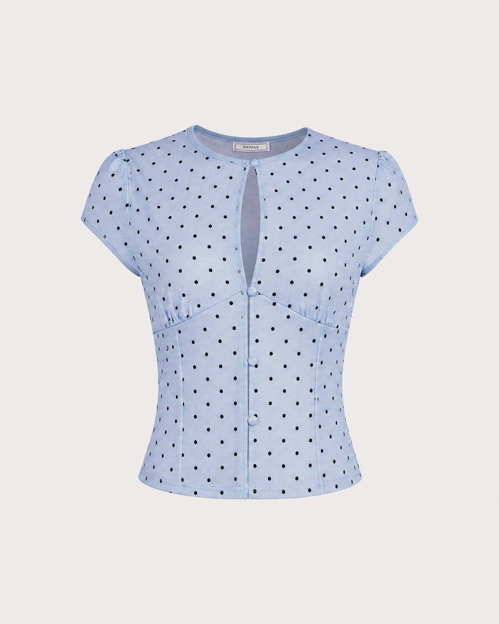 Blue Round Neck Polka Dot Button Tee