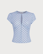 Blue Round Neck Polka Dot Button Tee
