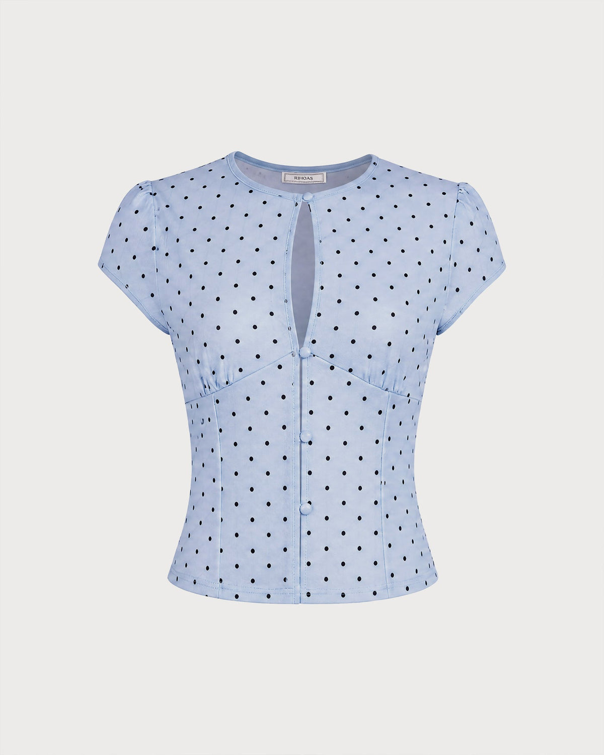 Blue Round Neck Polka Dot Button Tee