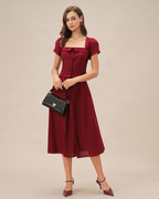 Red Square Neck X Cross Tie Blouse