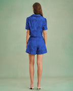 Blue Textured Button Collar Blouse