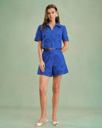 Blue Textured Button Collar Blouse
