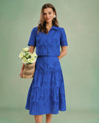 Blue Textured Button Collar Blouse
