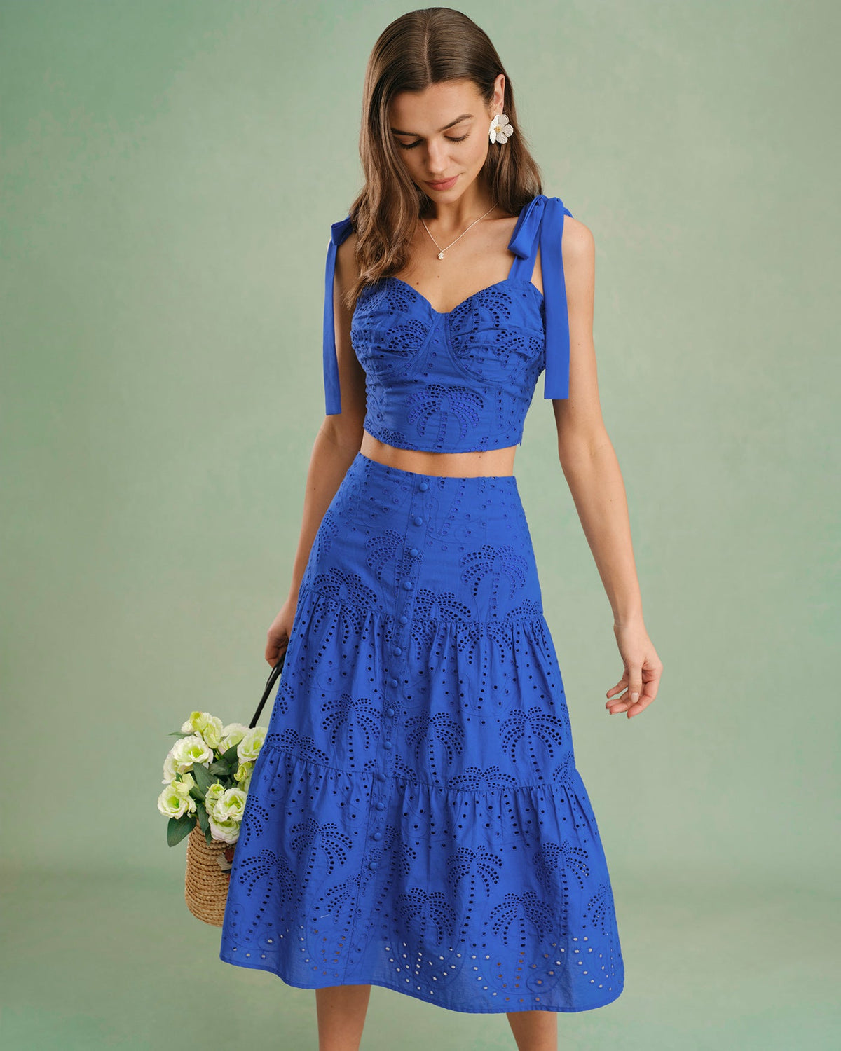 Blue Sweetheart Neck Embroidery Cami Top