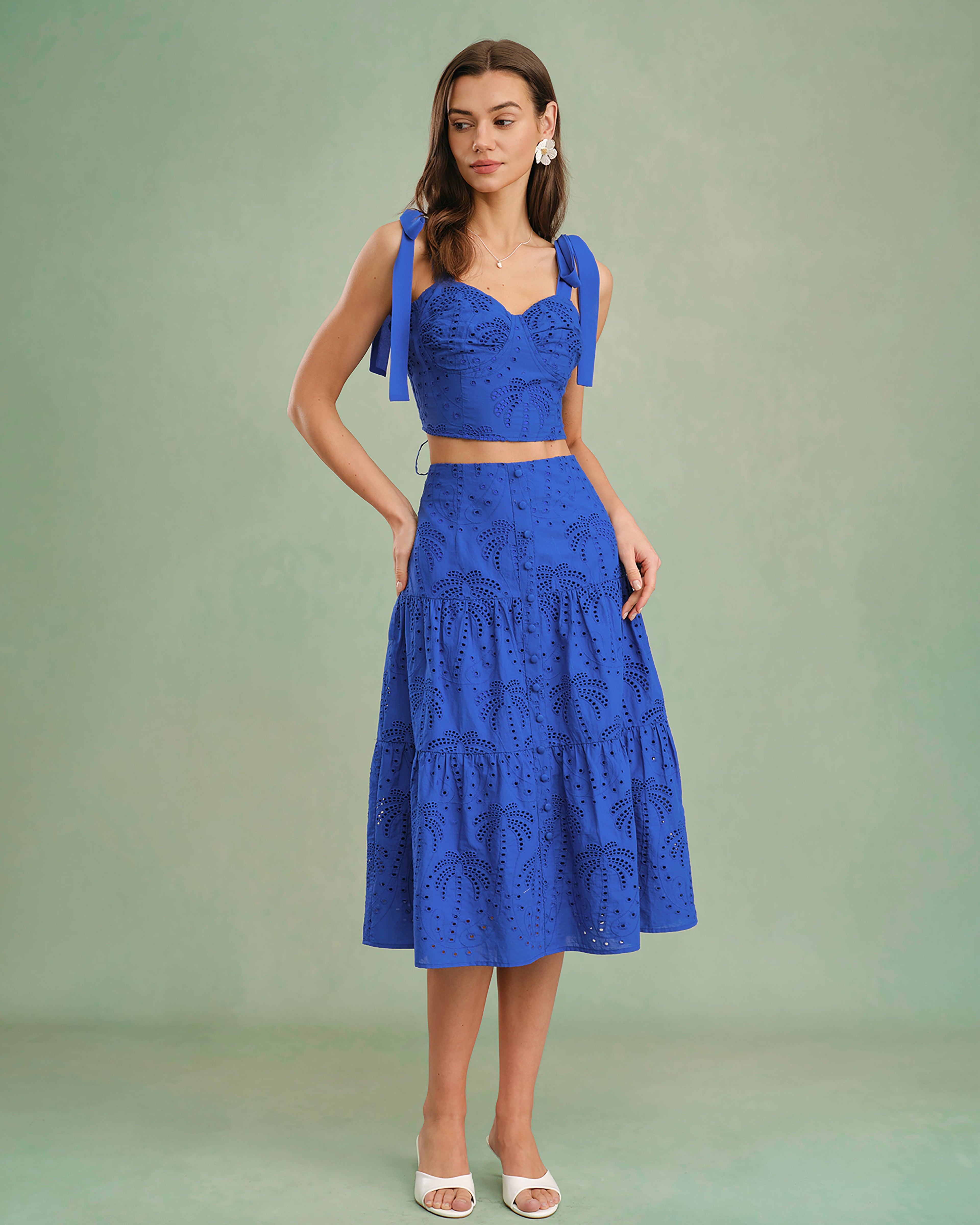 Blue Sweetheart Neck Embroidery Cami Top