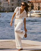 White Floral Embroidery Straight Pants