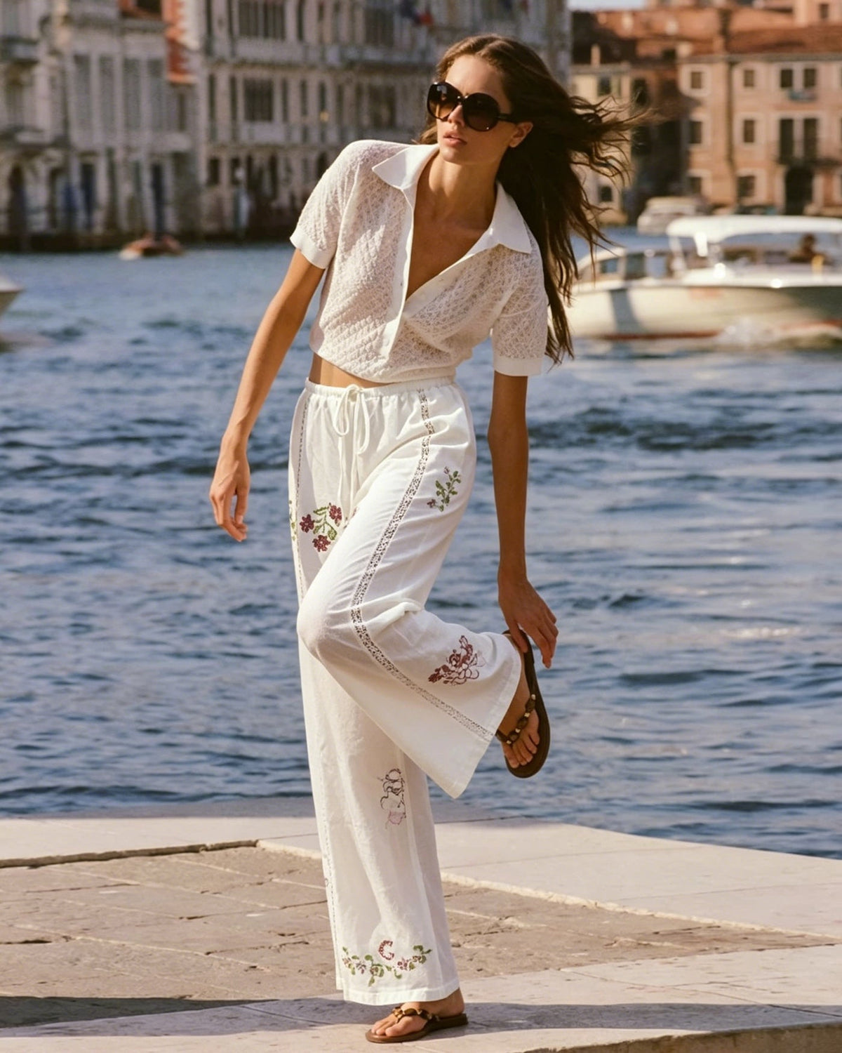 White Floral Embroidery Straight Pants