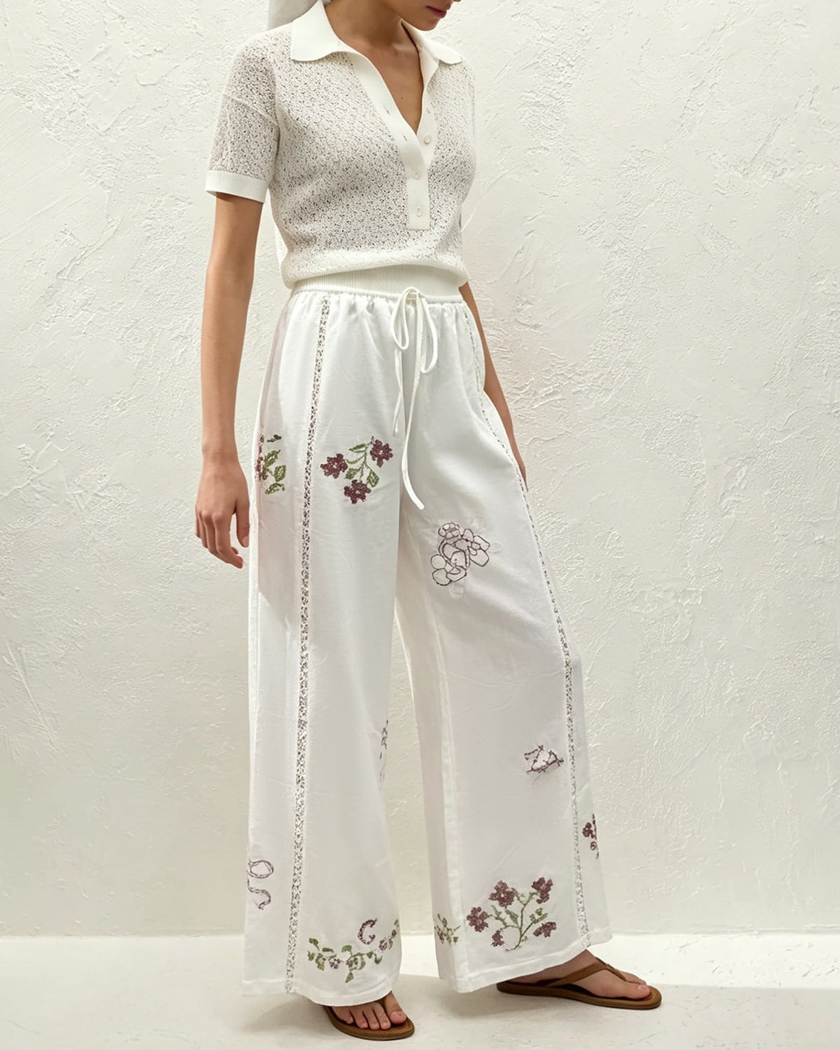 White Floral Embroidery Straight Pants