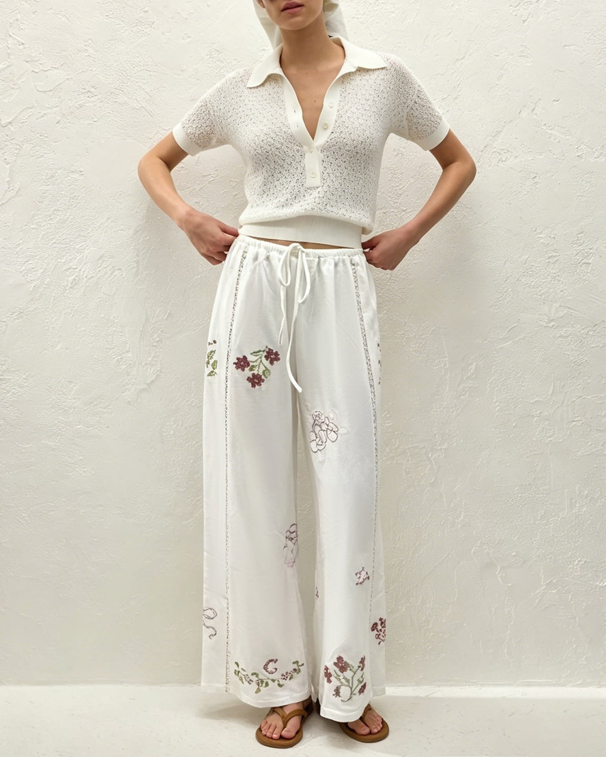 White Floral Embroidery Straight Pants