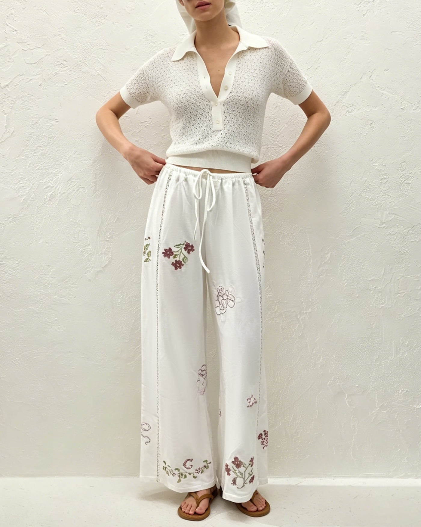 White Floral Embroidery Straight Pants