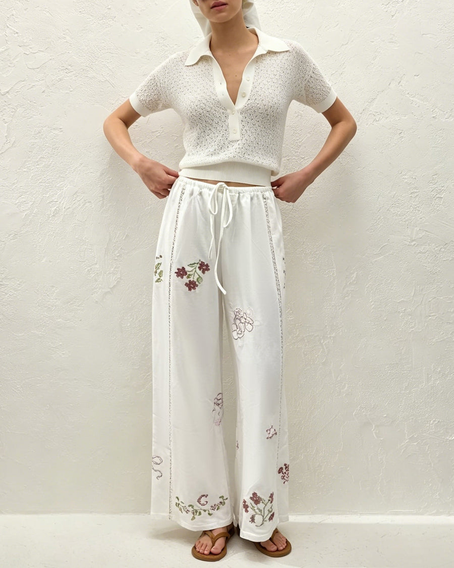 White Floral Embroidery Straight Pants