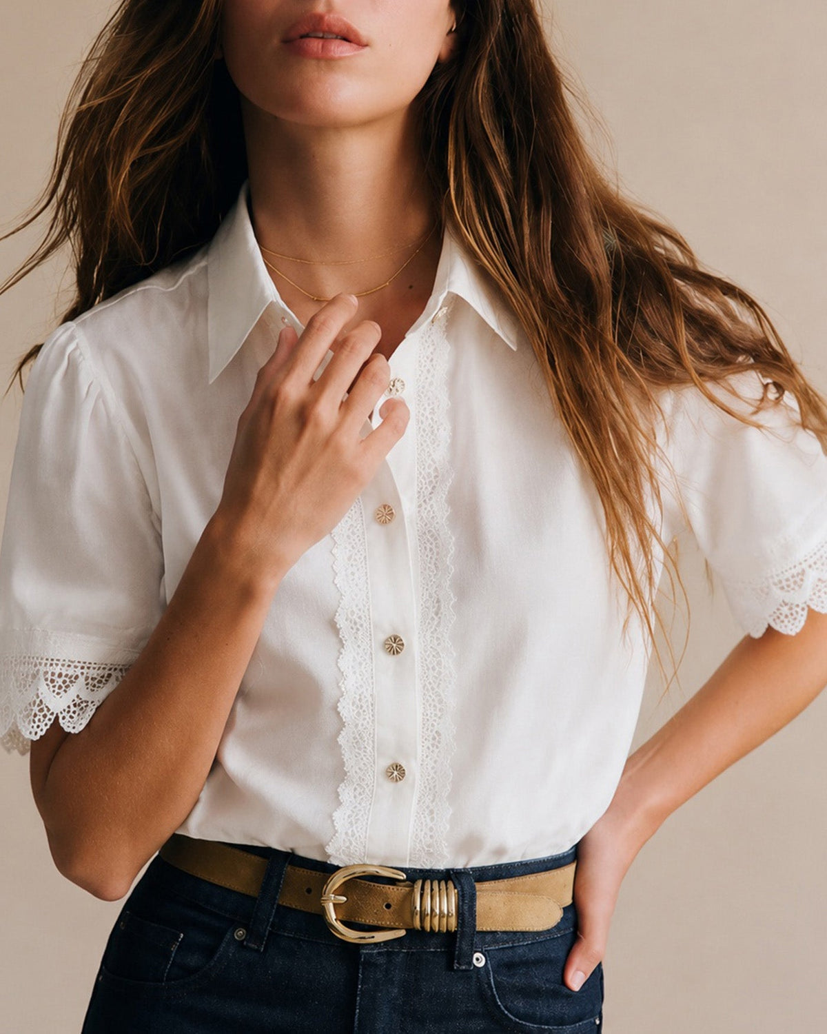 White Collar Splicing Button Shirt