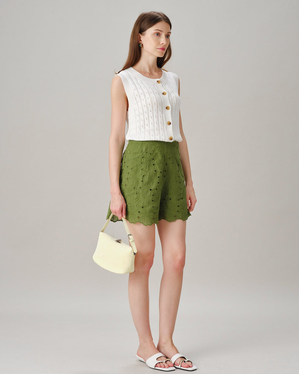 Green Cut Out Embroidery Pockets Shorts