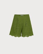 Green Cut Out Embroidery Pockets Shorts