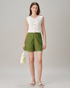 Green Cut Out Embroidery Pockets Shorts