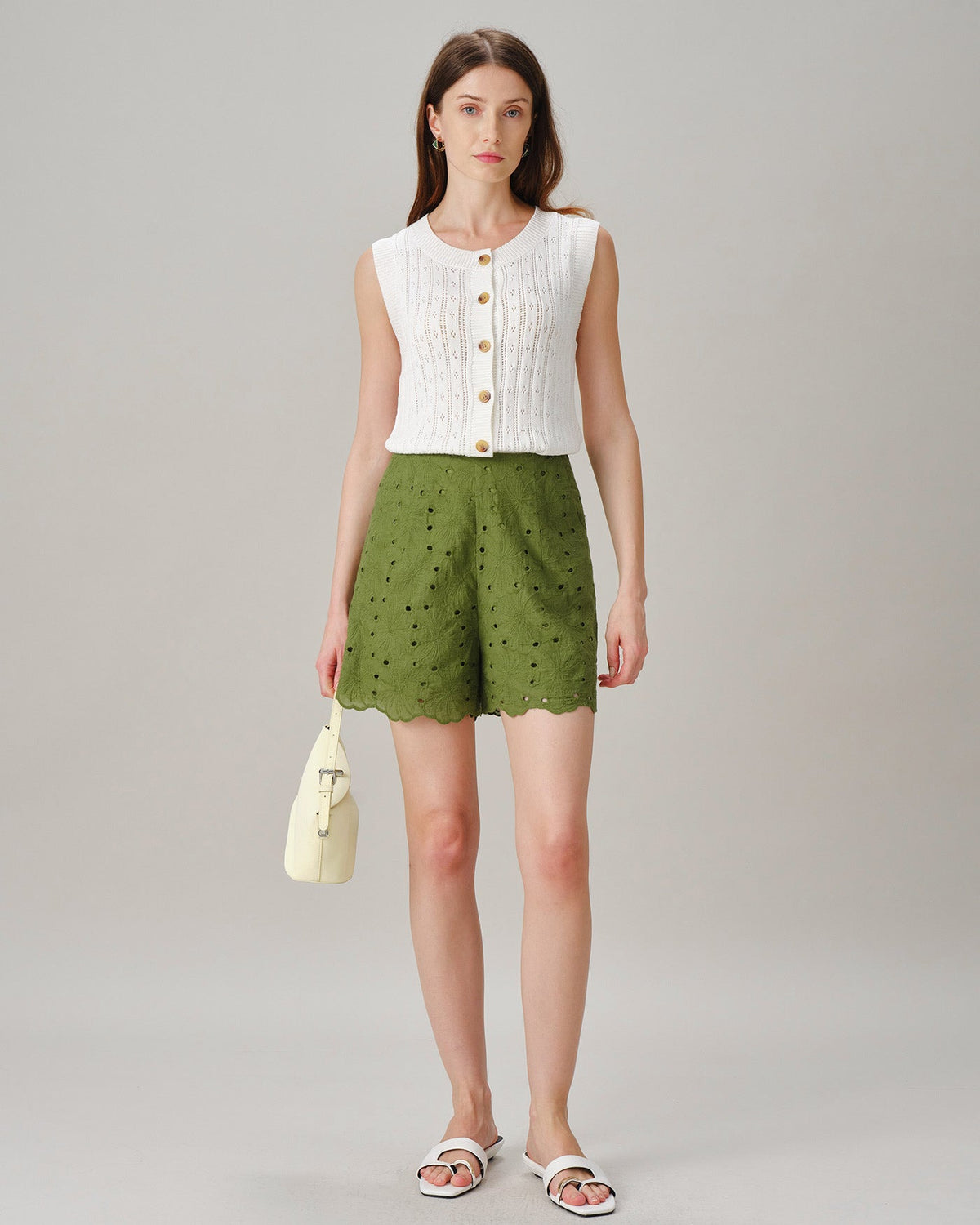 Green Cut Out Embroidery Pockets Shorts