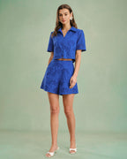 Blue Embroidery Cotton Shorts