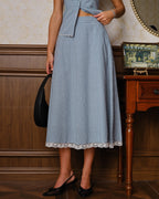 Blue Plaid Lace Pockets Midi Skirt