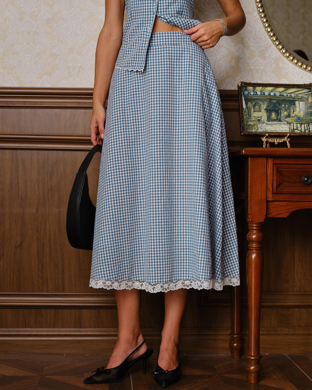Blue Plaid Lace Pockets Midi Skirt