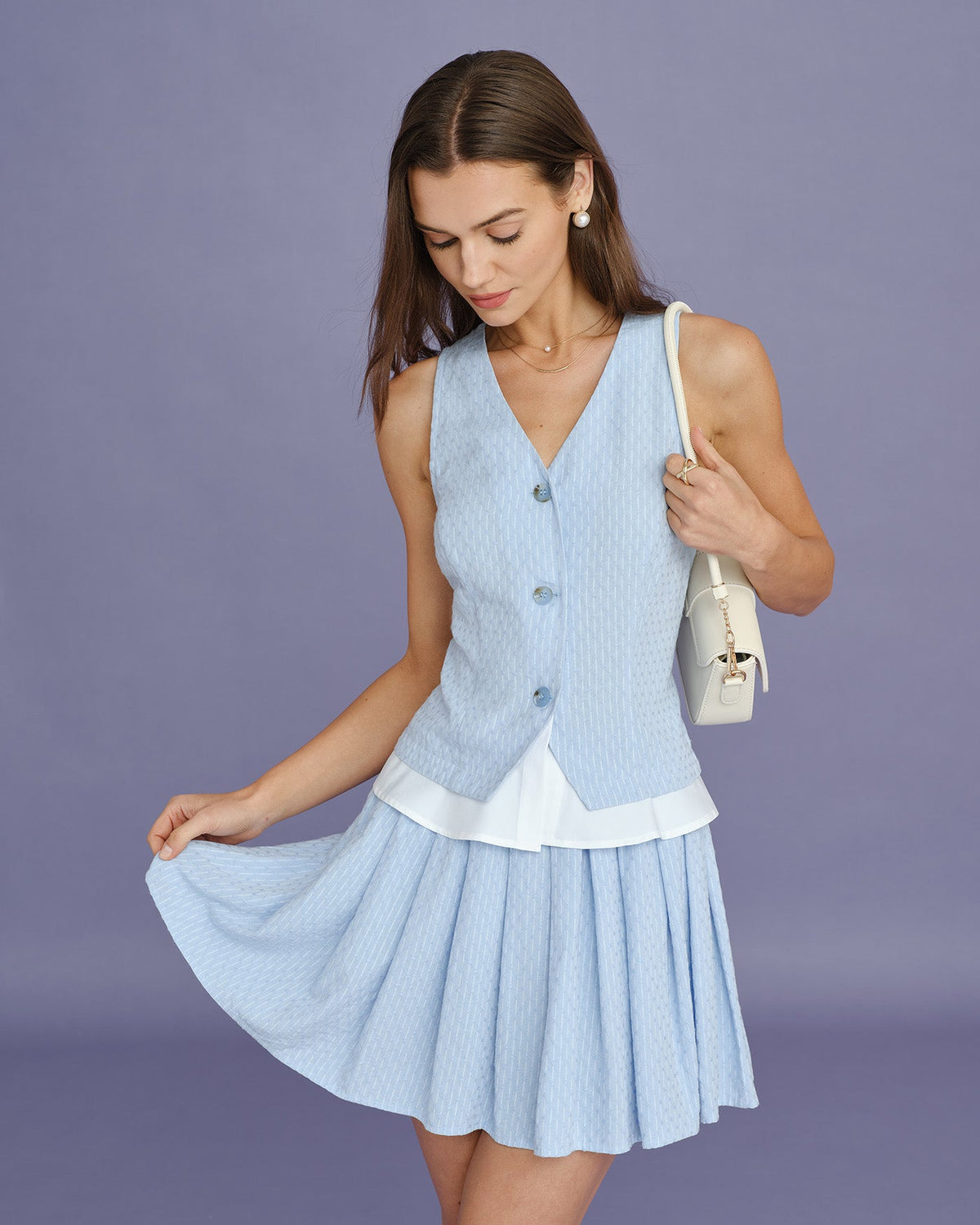 Blue Textured Pleated Mini Skirt