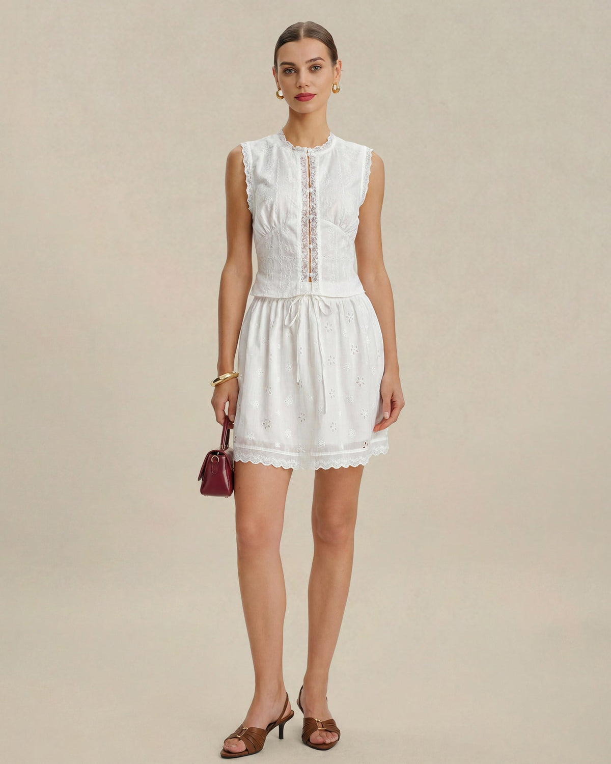 White Elastic Waist Embroidery Mini Skirt