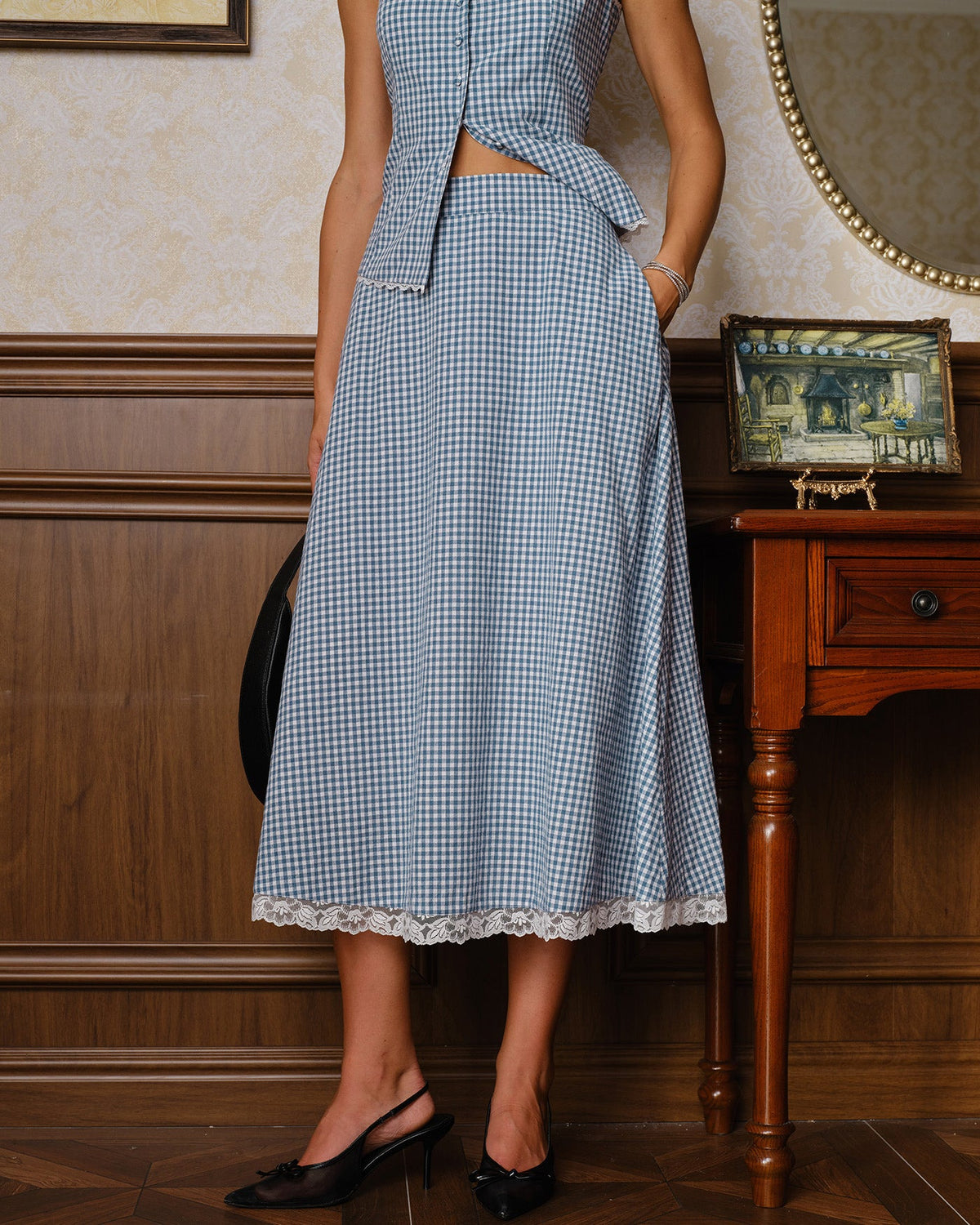 Blue Plaid Lace Pockets Midi Skirt