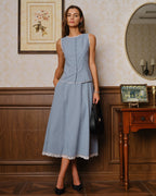Blue Plaid Lace Pockets Midi Skirt