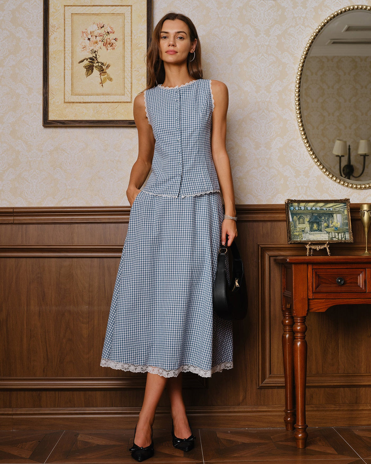 Blue Plaid Lace Pockets Midi Skirt