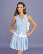 Blue Textured Pleated Mini Skirt