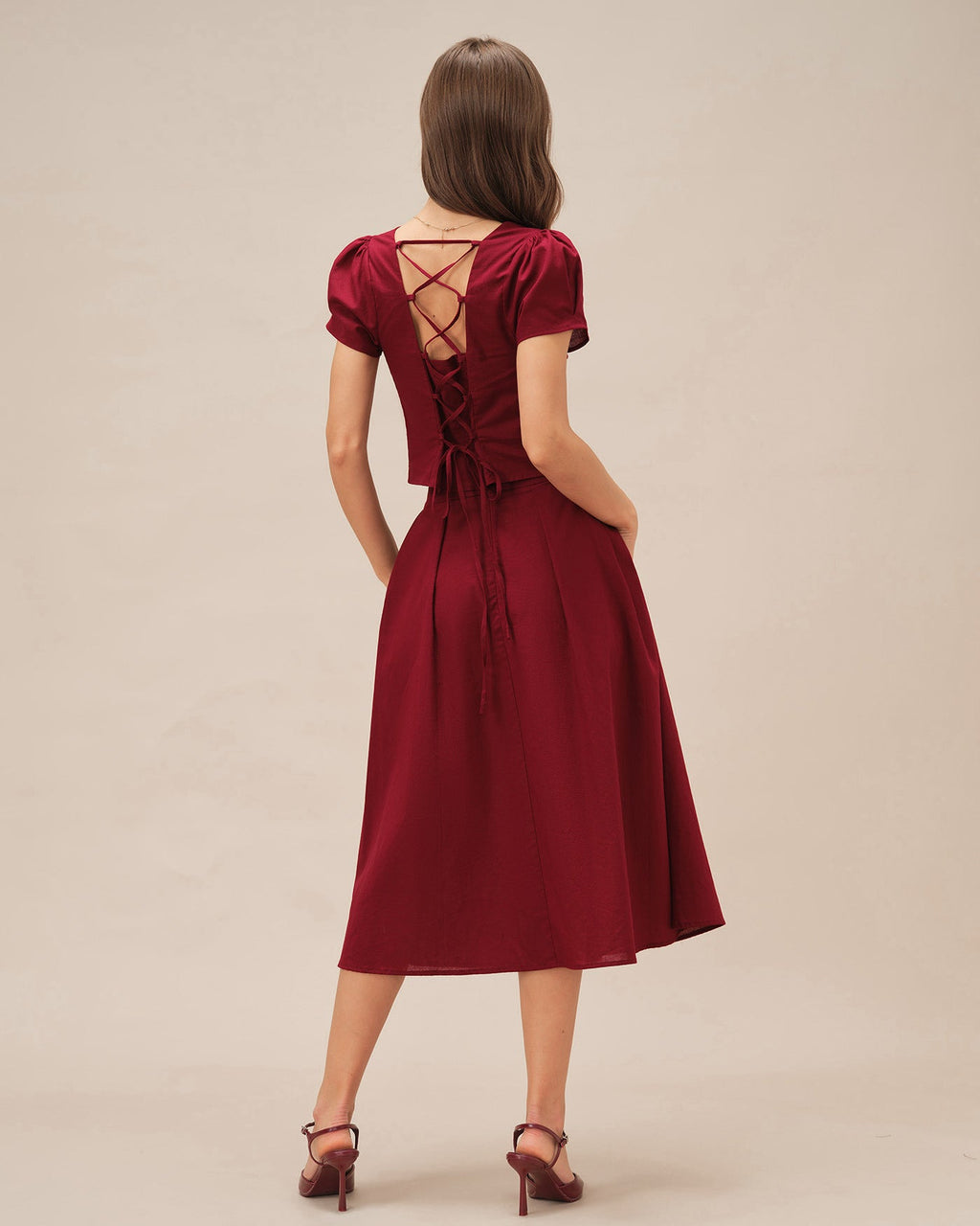 Red Ruched Slit Midi Skirt