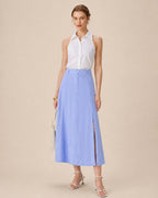 Blue Button Slit A-Line Midi Skirt