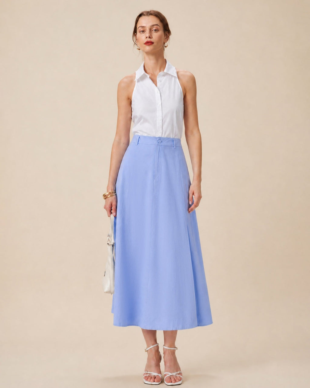 Blue Button Slit A-Line Midi Skirt