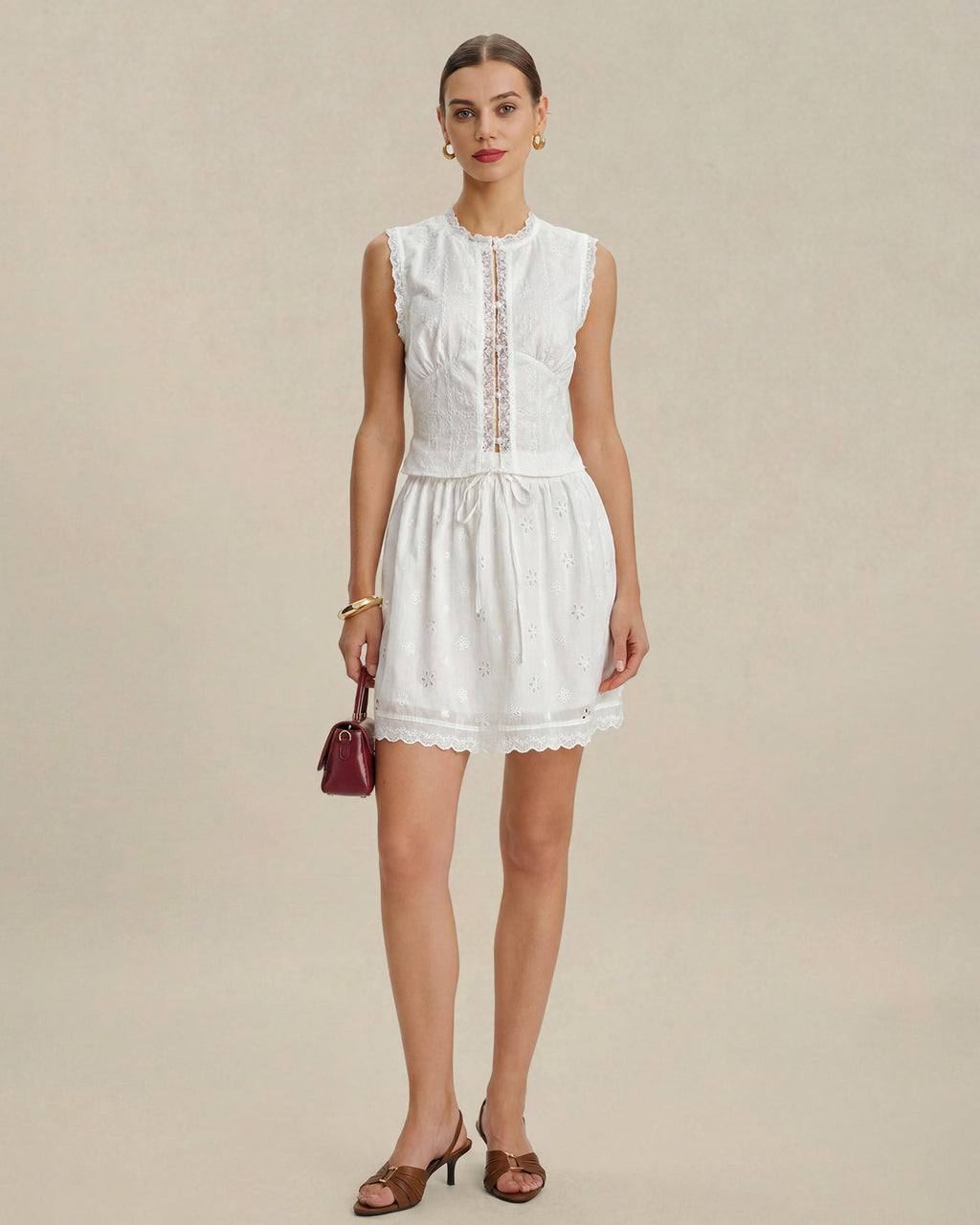 White Embroidery Lace Button Tank Top