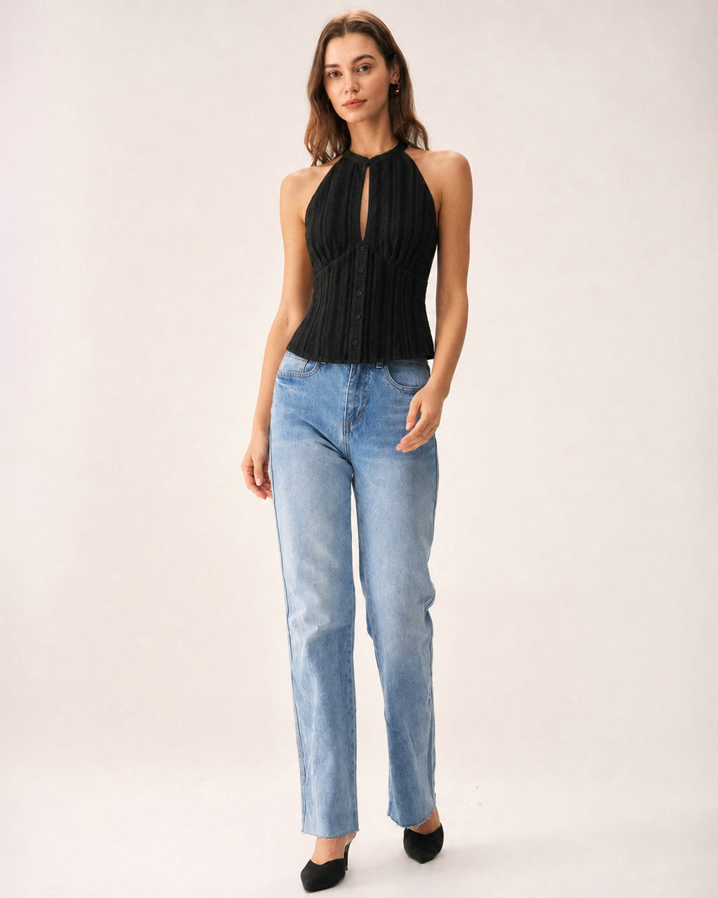 Black Mandarin Collar Cut Out Tank Top