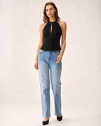 Black Mandarin Collar Cut Out Tank Top